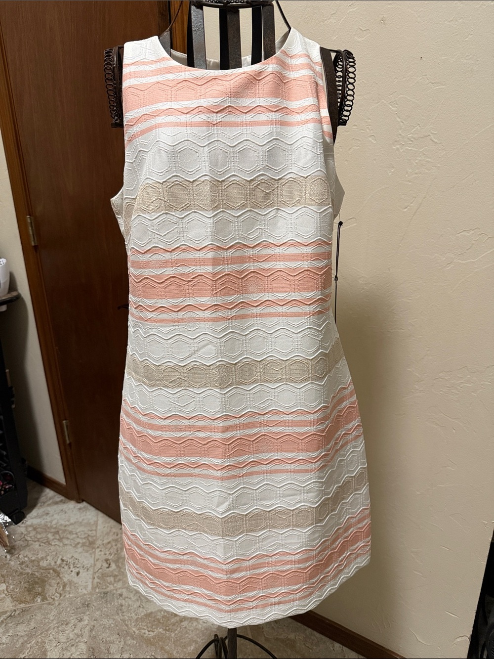 Sleeveless White Dress with Coral and Beige Stripes